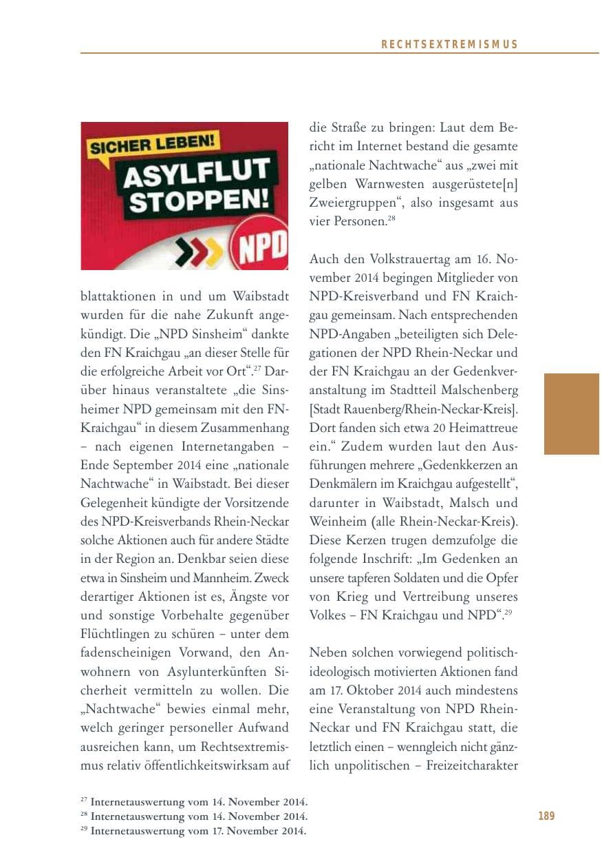 Seite 189 des Verfassungsschutzbericht 2014 Baden-Württemberg