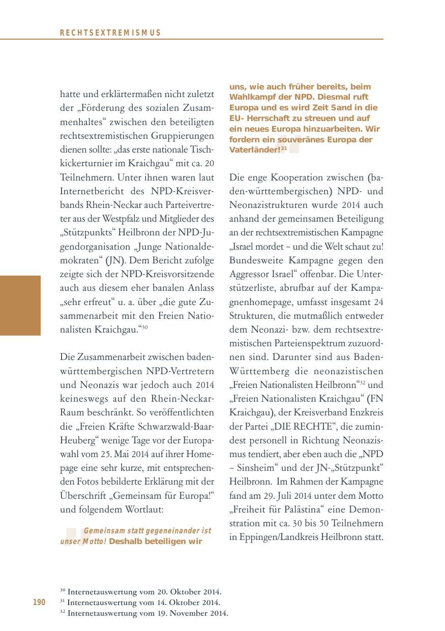 Seite 190 des Verfassungsschutzbericht 2014 Baden-Württemberg