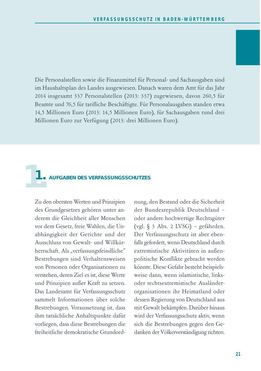 Seite 21 des Verfassungsschutzbericht 2014 Baden-Württemberg