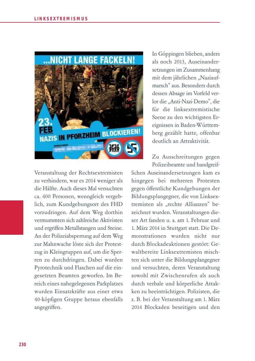 Seite 230 des Verfassungsschutzbericht 2014 Baden-Württemberg