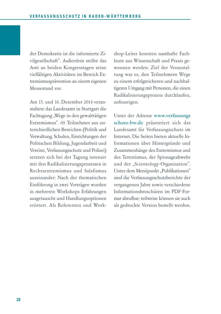 Seite 28 des Verfassungsschutzbericht 2014 Baden-Württemberg