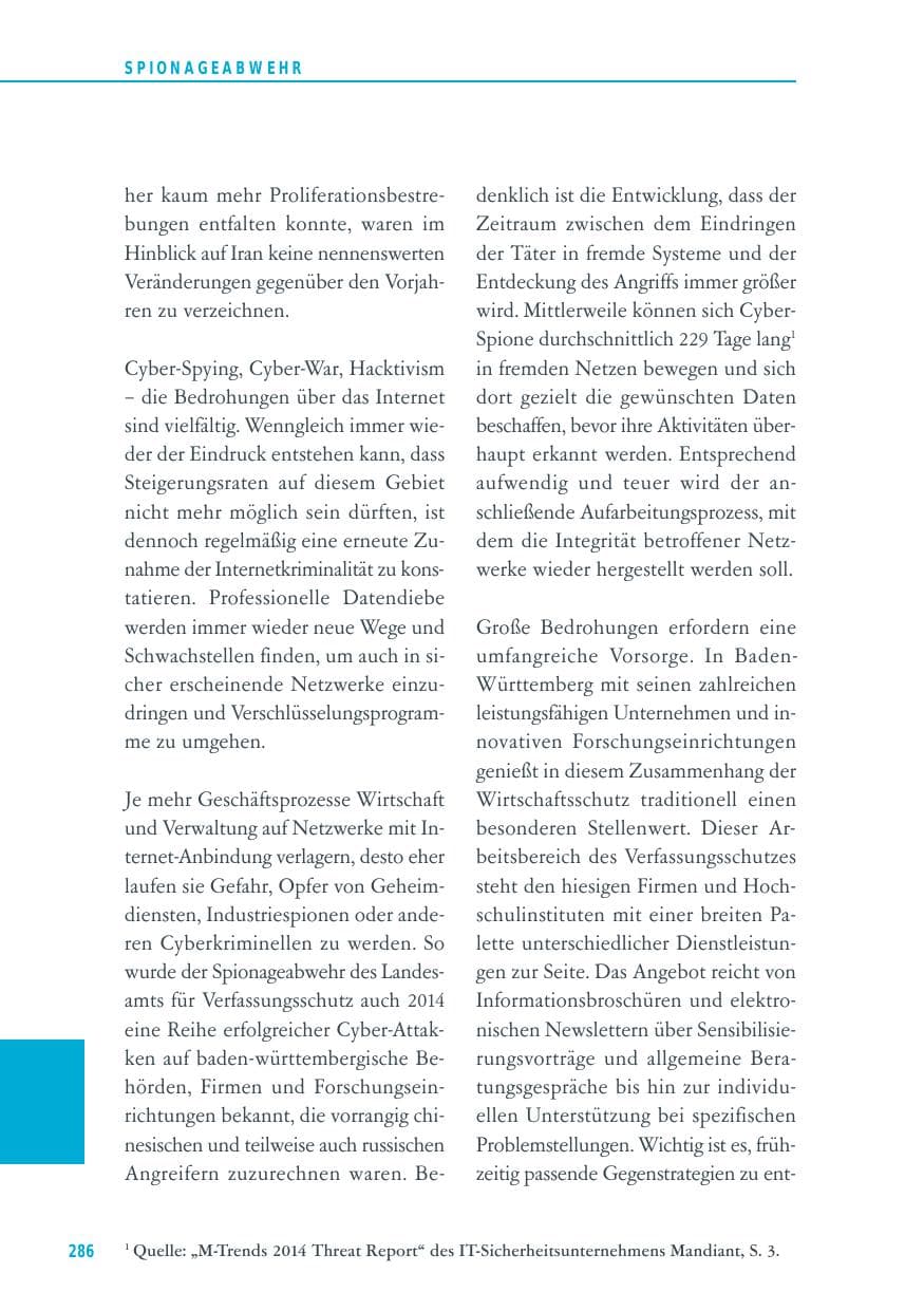 Seite 286 des Verfassungsschutzbericht 2014 Baden-Württemberg
