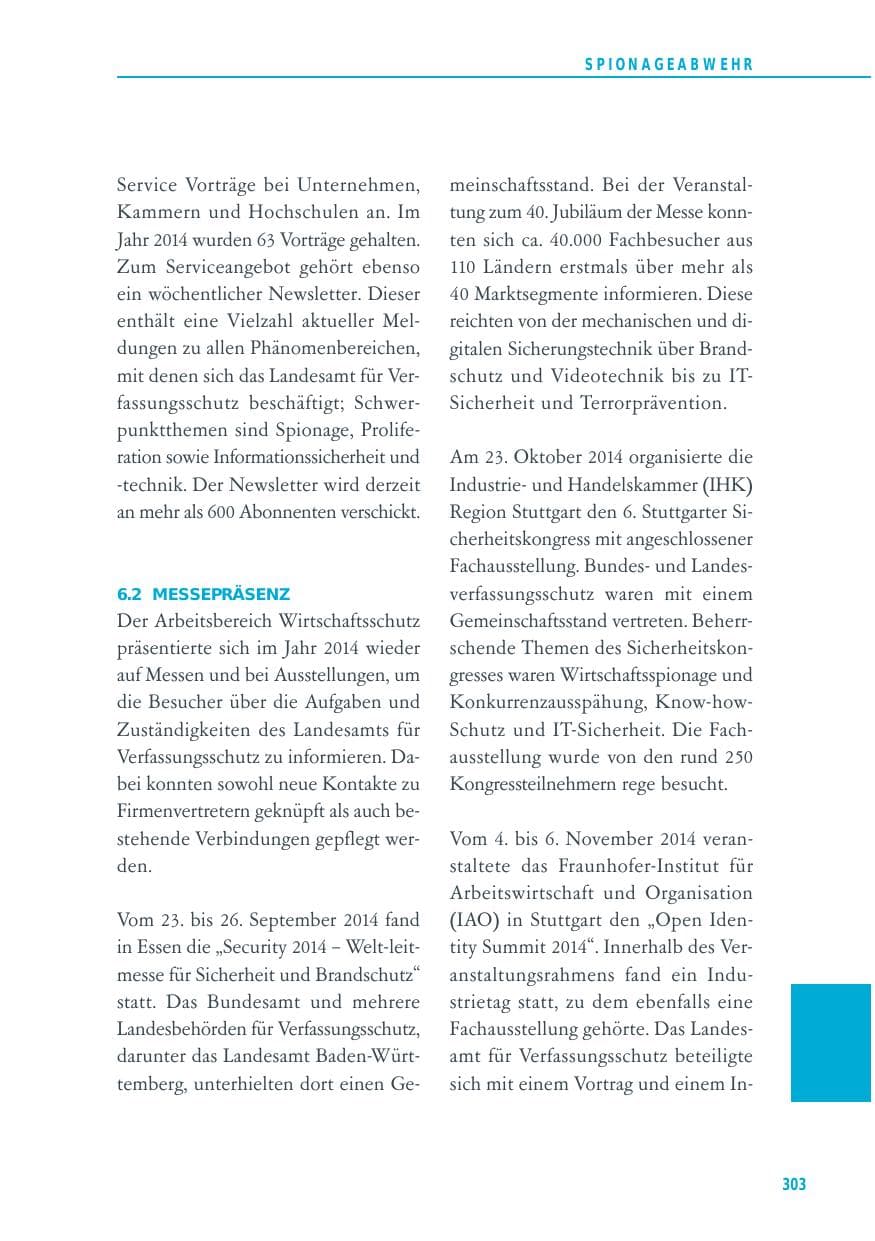 Seite 303 des Verfassungsschutzbericht 2014 Baden-Württemberg