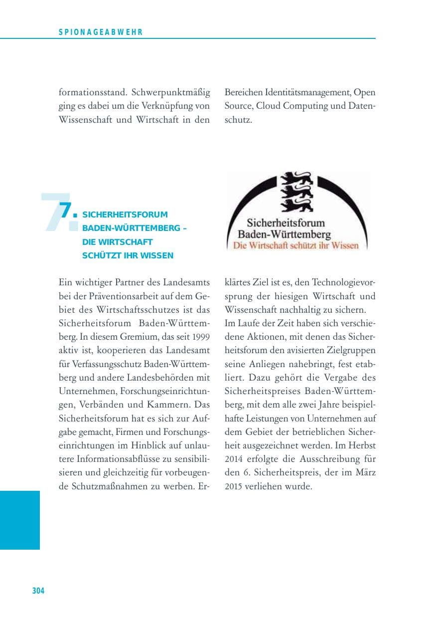 Seite 304 des Verfassungsschutzbericht 2014 Baden-Württemberg