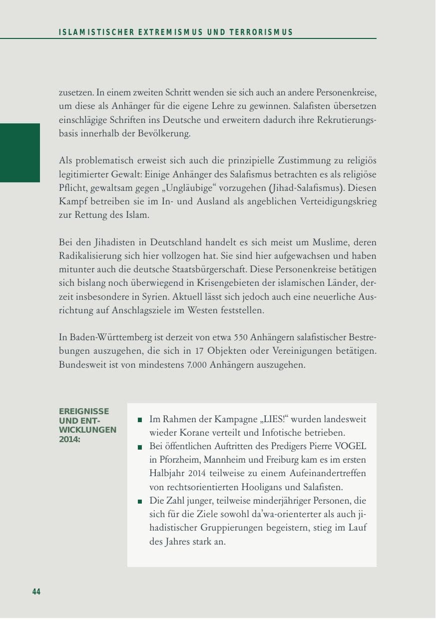 Seite 44 des Verfassungsschutzbericht 2014 Baden-Württemberg