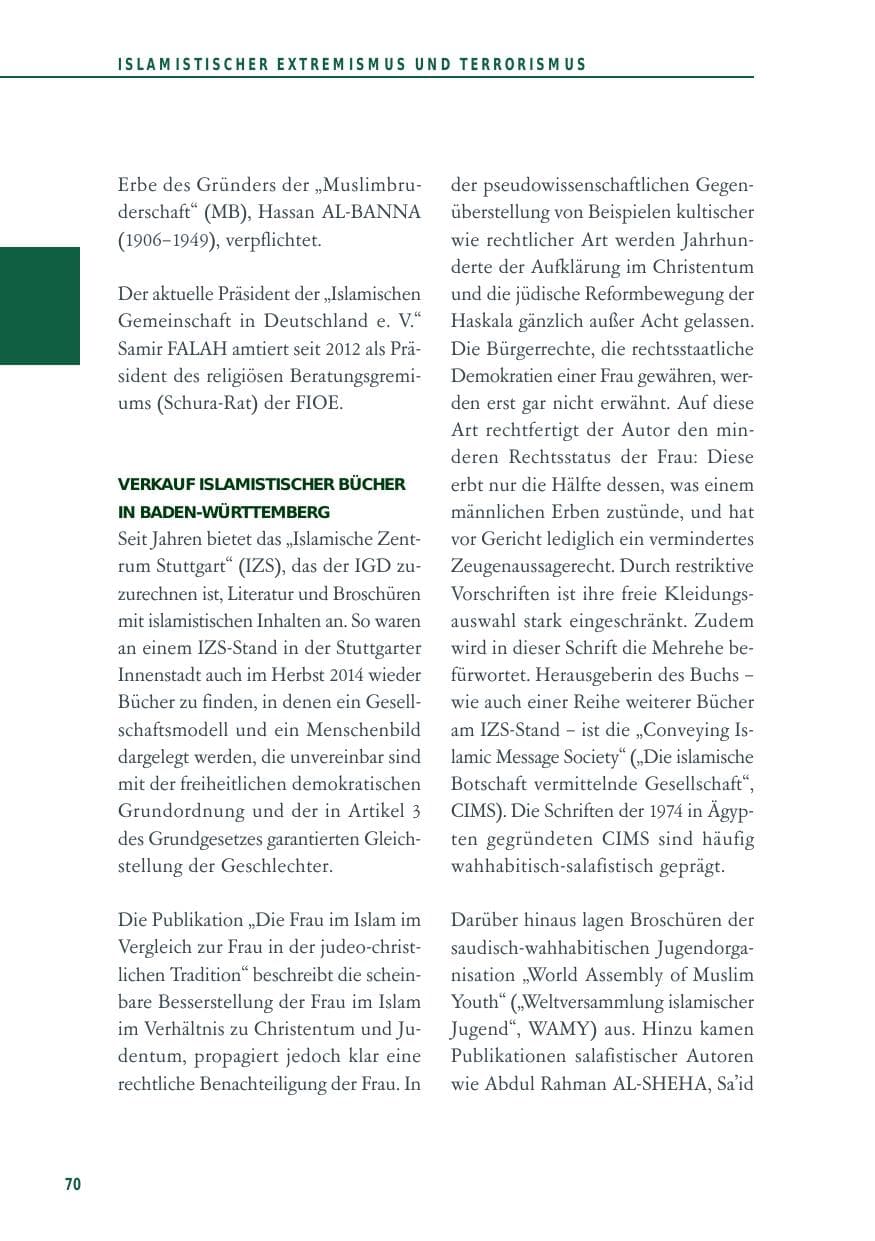 Seite 70 des Verfassungsschutzbericht 2014 Baden-Württemberg