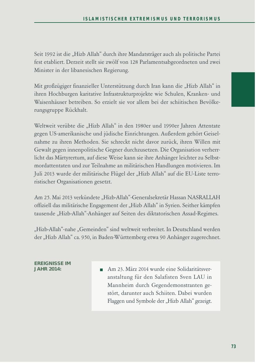 Seite 73 des Verfassungsschutzbericht 2014 Baden-Württemberg