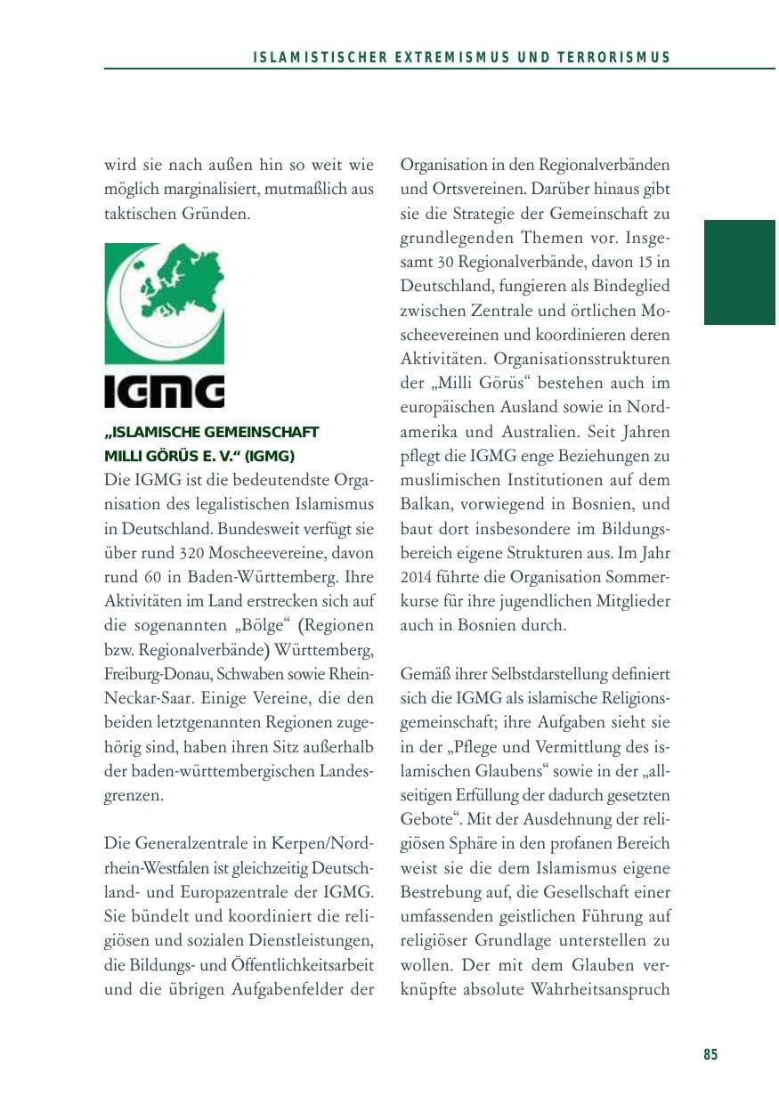 Seite 85 des Verfassungsschutzbericht 2014 Baden-Württemberg