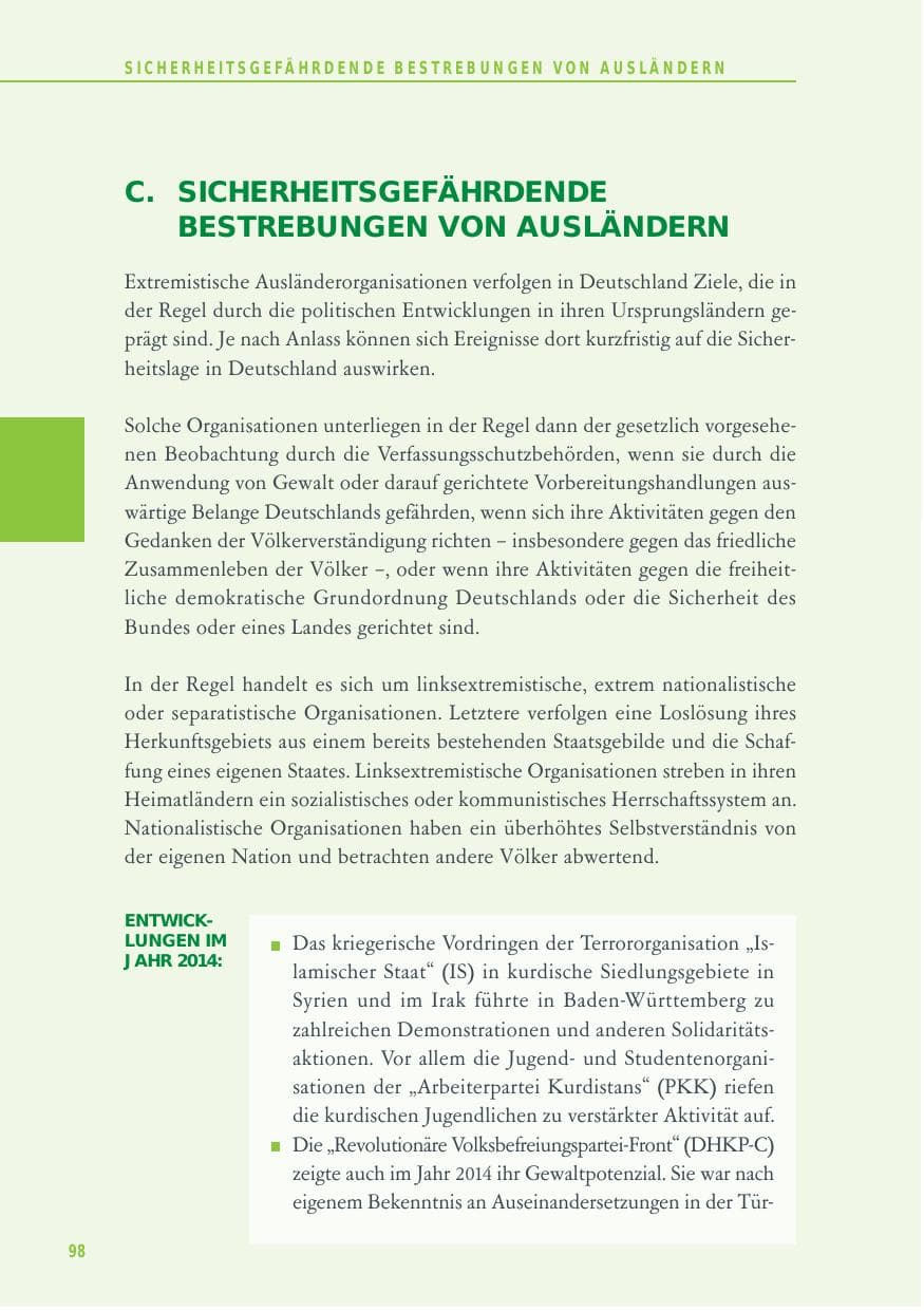 Seite 98 des Verfassungsschutzbericht 2014 Baden-Württemberg