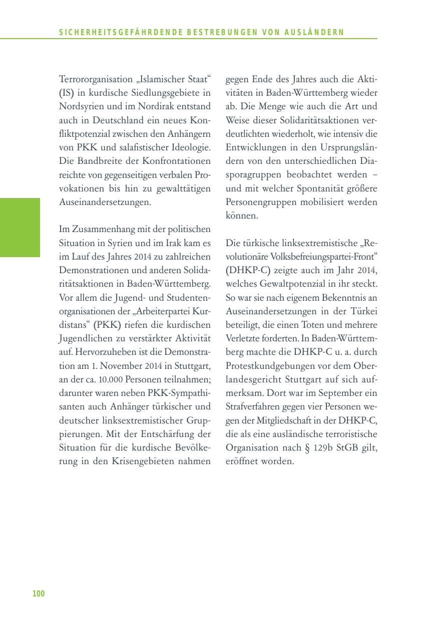 Seite 100 des Verfassungsschutzbericht 2014 Baden-Württemberg