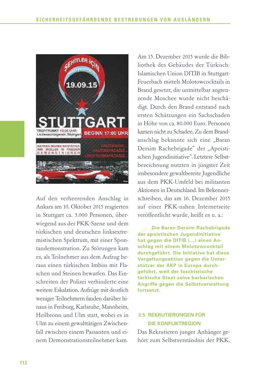 Seite 112 des Verfassungsschutzbericht 2015 Baden-Württemberg
