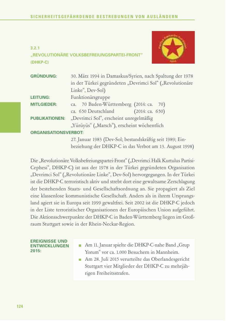 Seite 124 des Verfassungsschutzbericht 2015 Baden-Württemberg