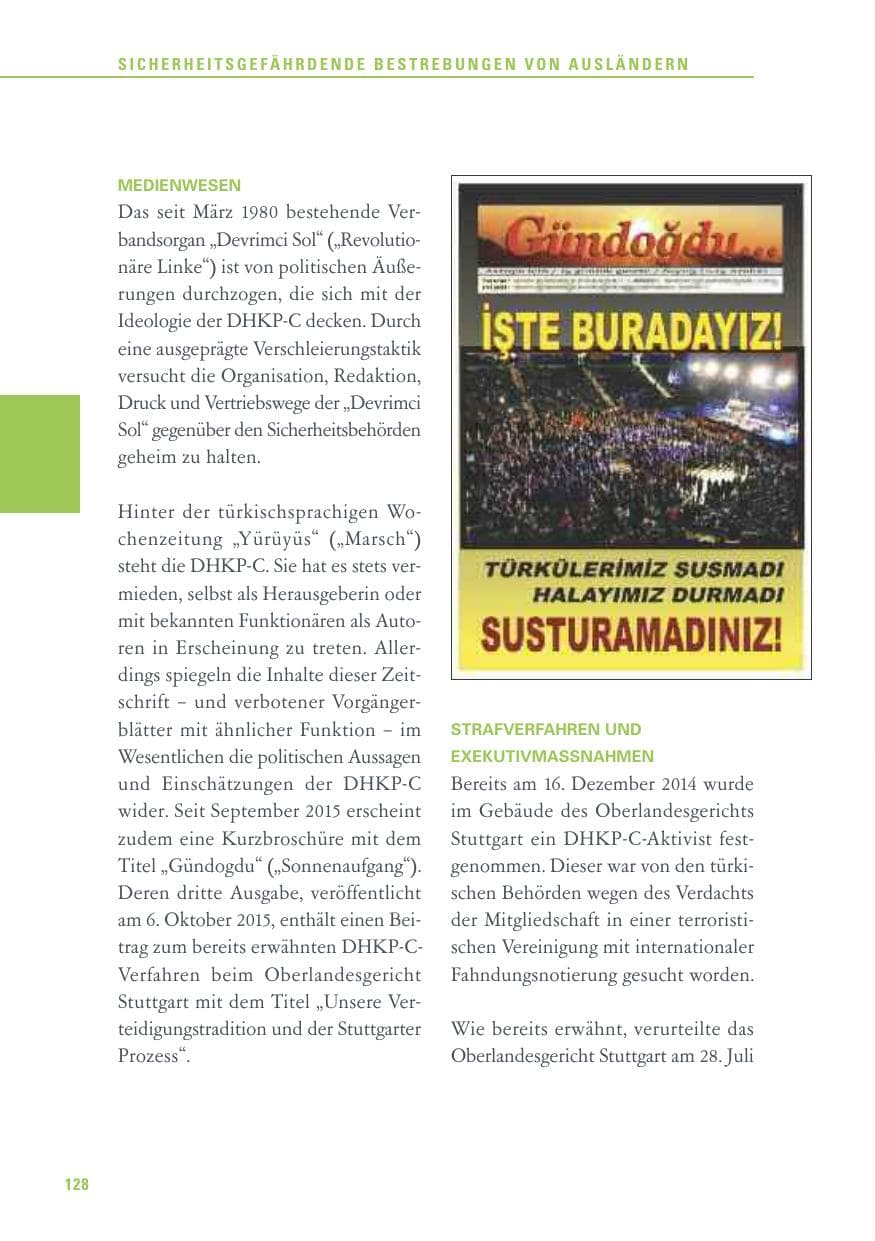 Seite 128 des Verfassungsschutzbericht 2015 Baden-Württemberg
