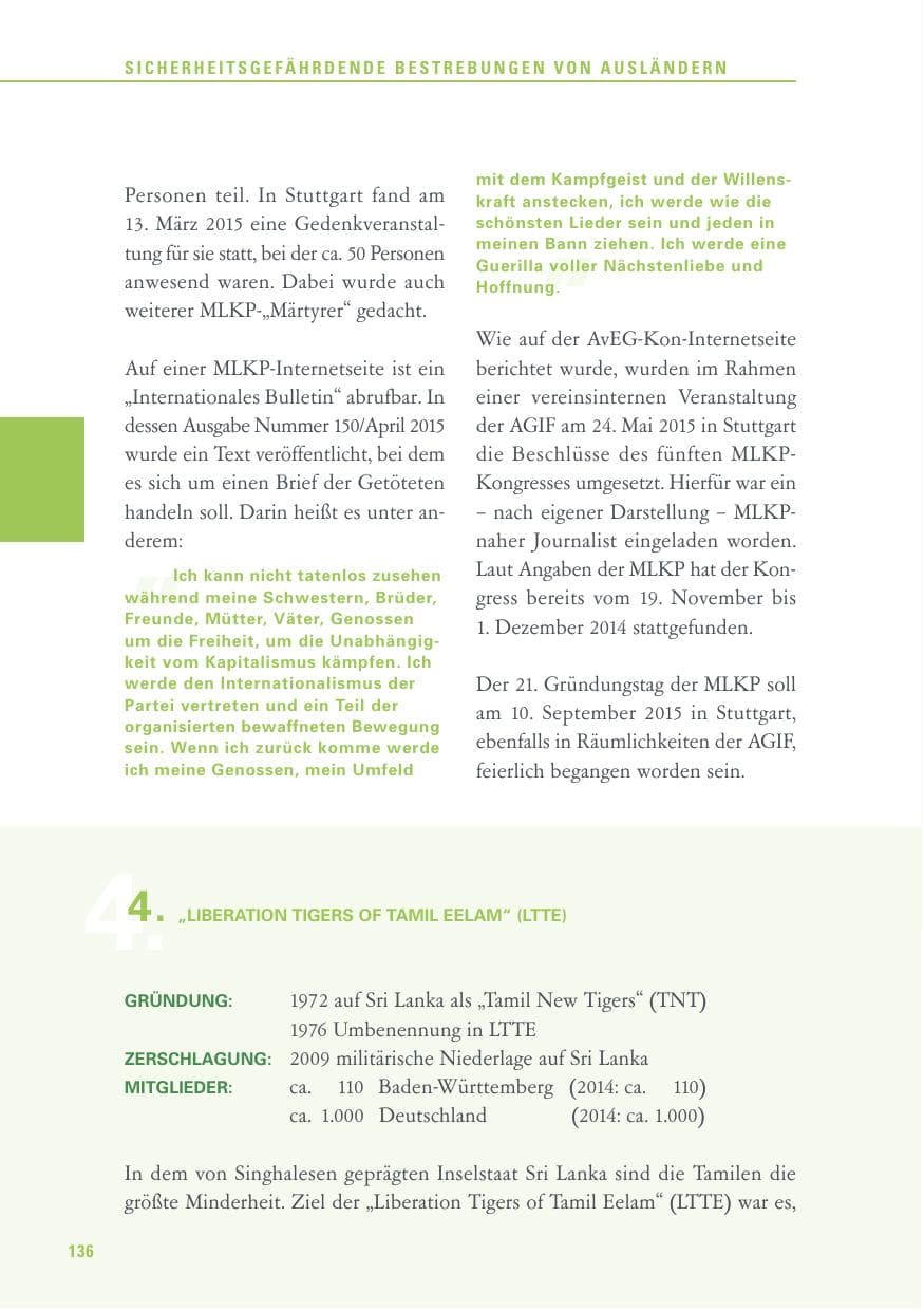 Seite 136 des Verfassungsschutzbericht 2015 Baden-Württemberg