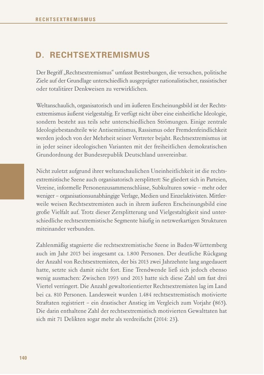 Seite 140 des Verfassungsschutzbericht 2015 Baden-Württemberg