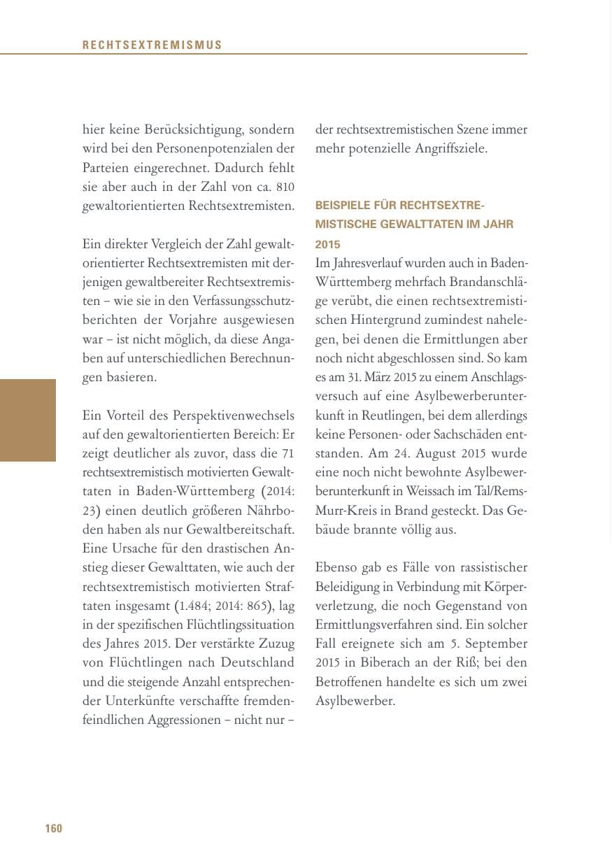 Seite 160 des Verfassungsschutzbericht 2015 Baden-Württemberg