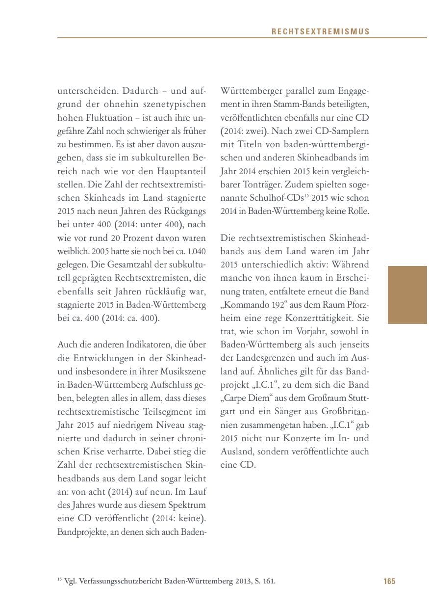 Seite 165 des Verfassungsschutzbericht 2015 Baden-Württemberg