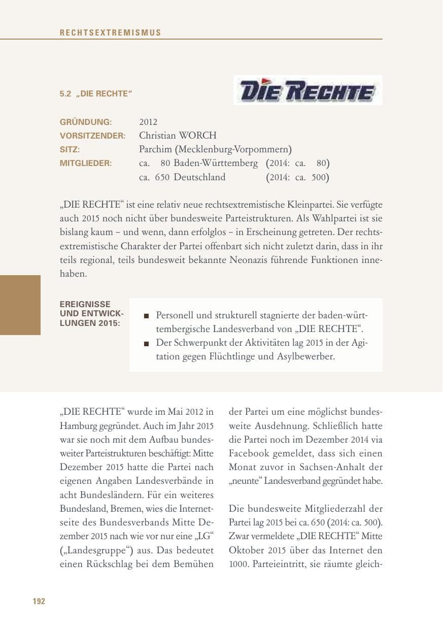 Seite 192 des Verfassungsschutzbericht 2015 Baden-Württemberg
