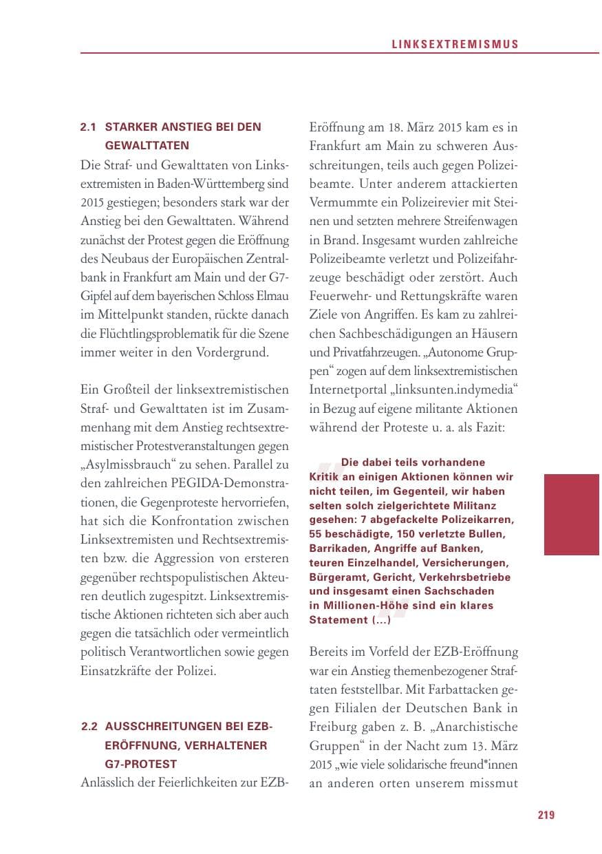 Seite 219 des Verfassungsschutzbericht 2015 Baden-Württemberg