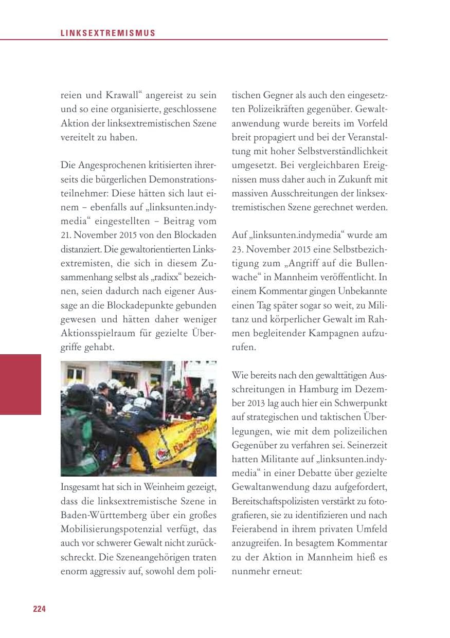 Seite 224 des Verfassungsschutzbericht 2015 Baden-Württemberg