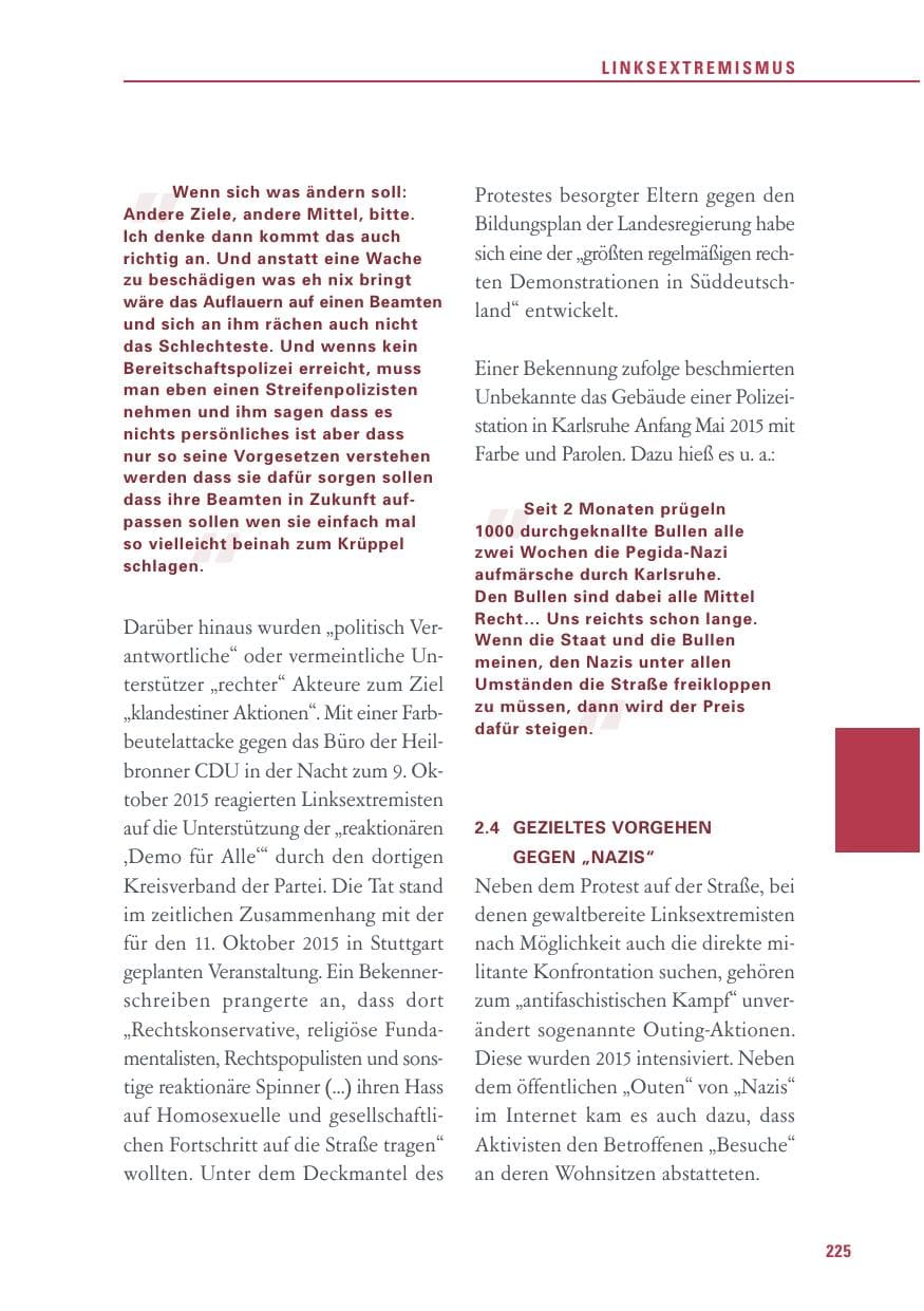 Seite 225 des Verfassungsschutzbericht 2015 Baden-Württemberg
