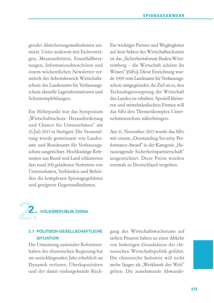 Seite 273 des Verfassungsschutzbericht 2015 Baden-Württemberg