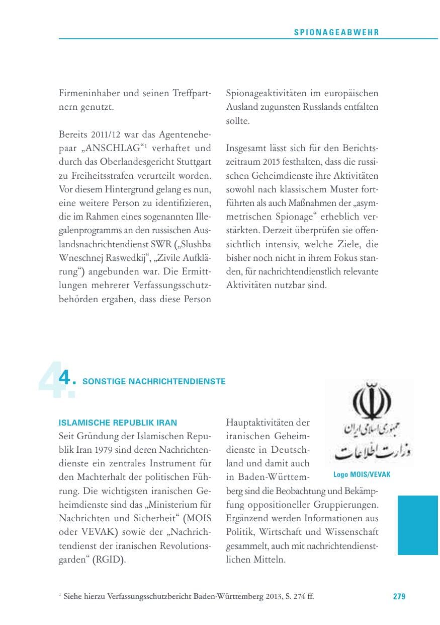 Seite 279 des Verfassungsschutzbericht 2015 Baden-Württemberg