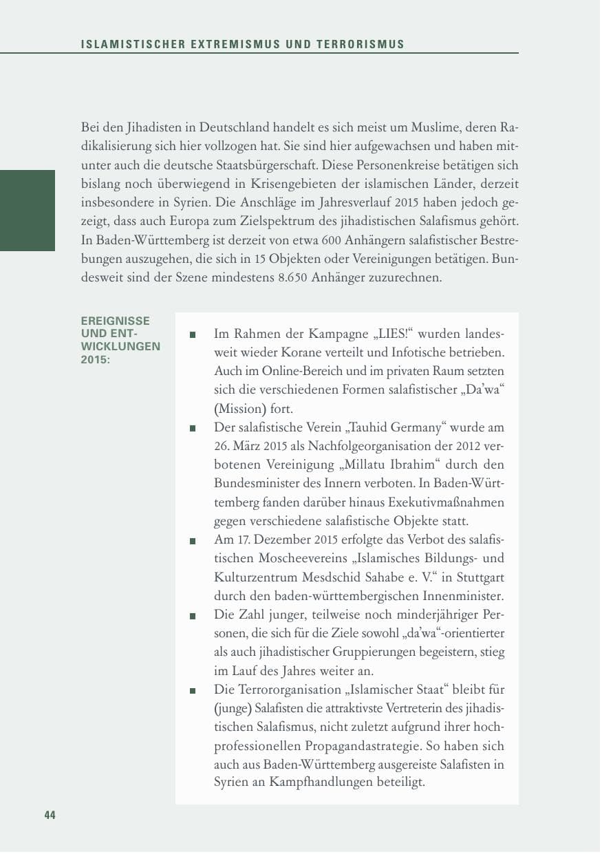 Seite 44 des Verfassungsschutzbericht 2015 Baden-Württemberg