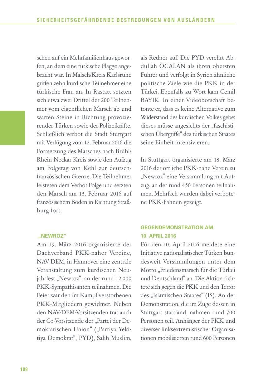 Seite 108 des Verfassungsschutzbericht 2016 Baden-Württemberg