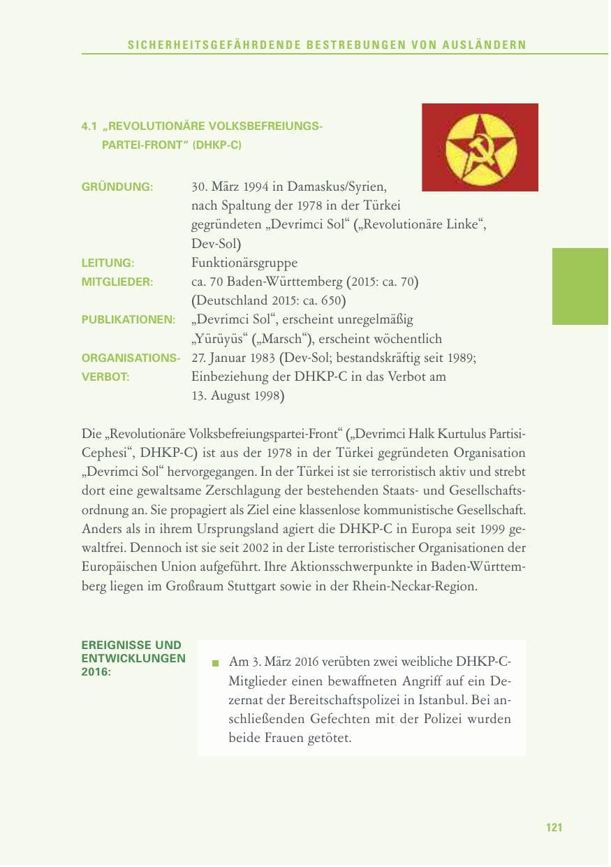 Seite 121 des Verfassungsschutzbericht 2016 Baden-Württemberg