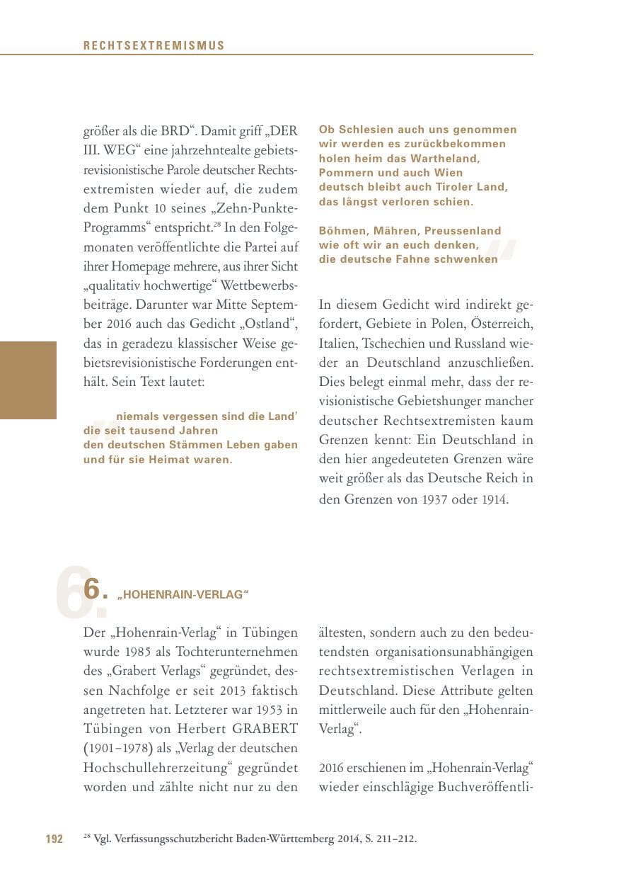 Seite 192 des Verfassungsschutzbericht 2016 Baden-Württemberg