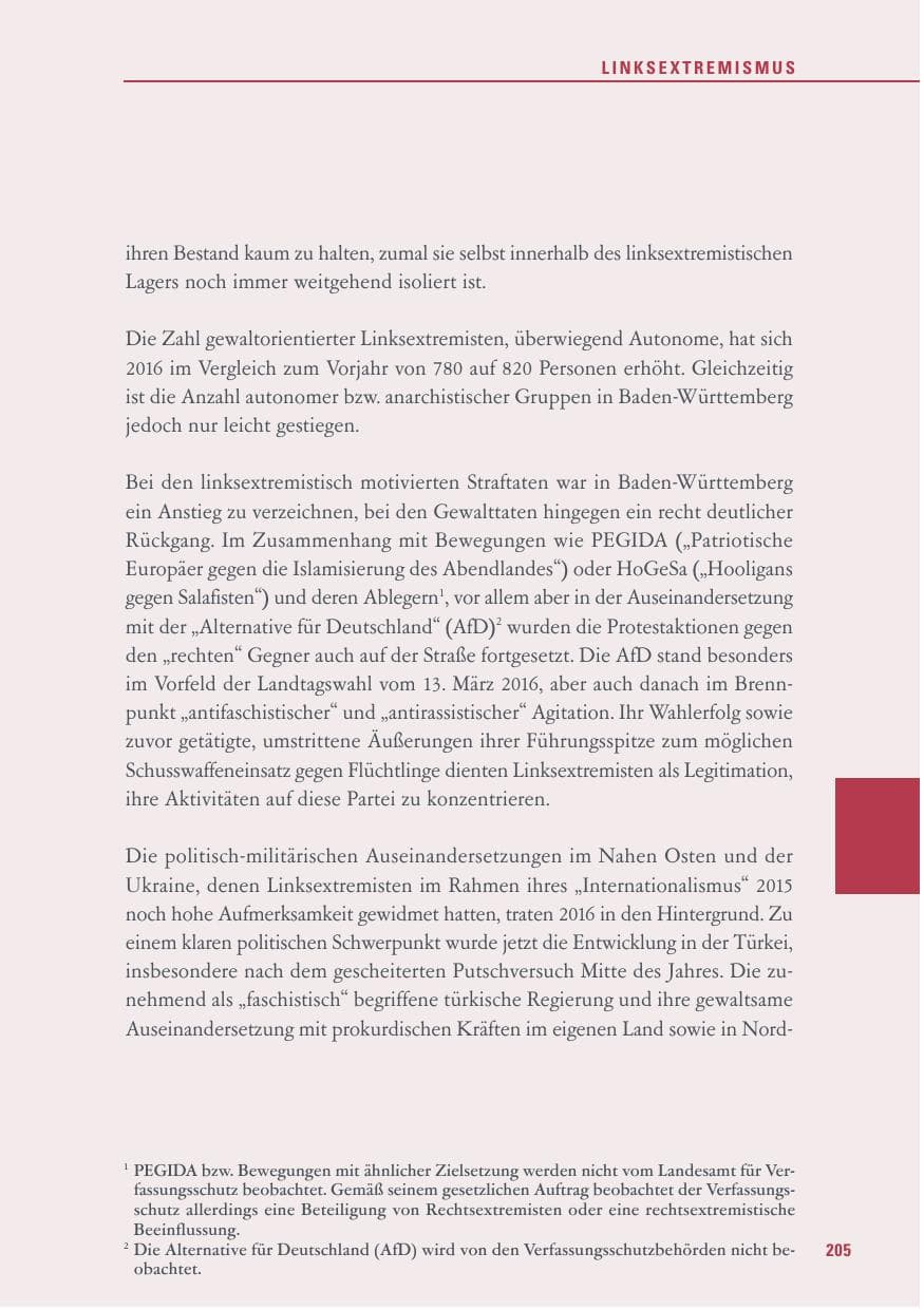Seite 205 des Verfassungsschutzbericht 2016 Baden-Württemberg
