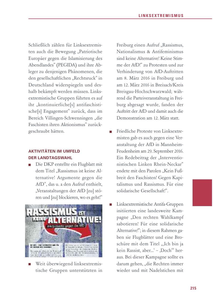 Seite 215 des Verfassungsschutzbericht 2016 Baden-Württemberg