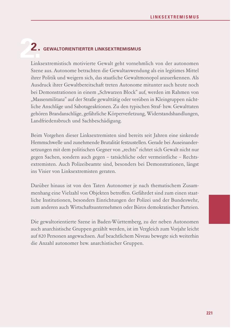 Seite 221 des Verfassungsschutzbericht 2016 Baden-Württemberg