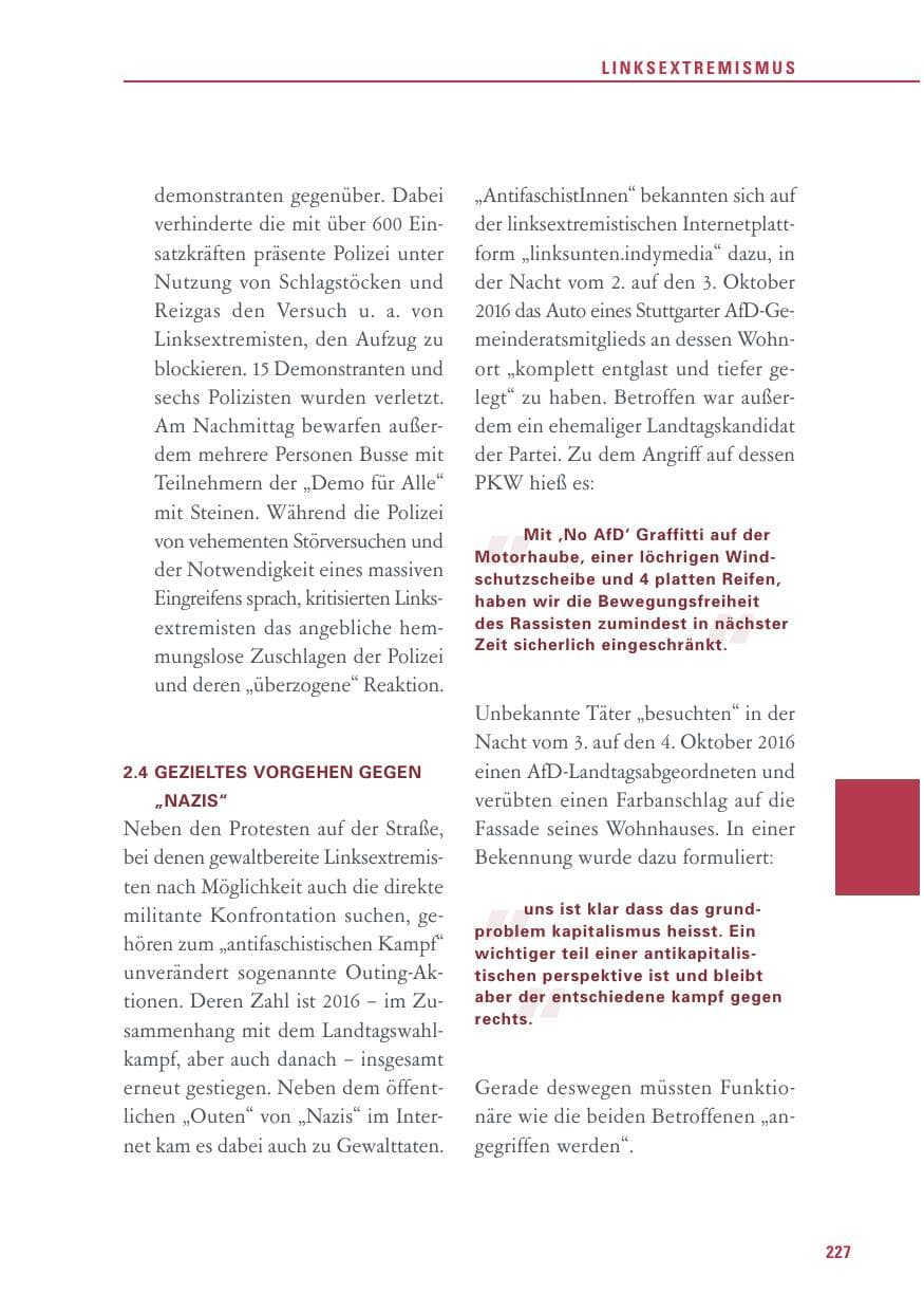 Seite 227 des Verfassungsschutzbericht 2016 Baden-Württemberg