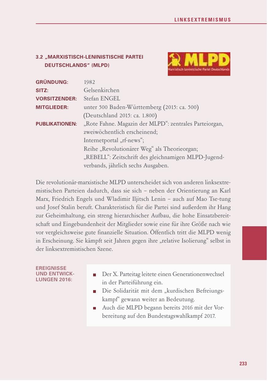 Seite 233 des Verfassungsschutzbericht 2016 Baden-Württemberg