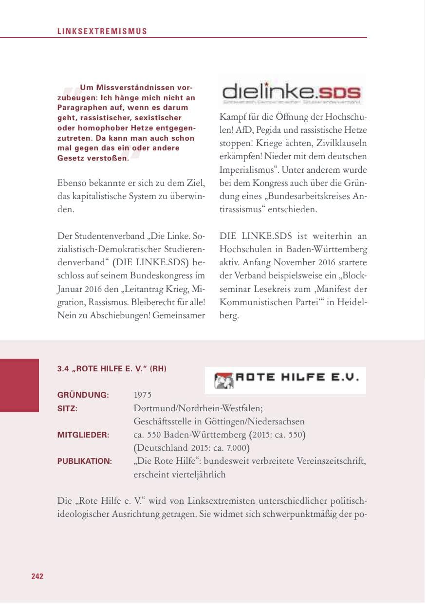 Seite 242 des Verfassungsschutzbericht 2016 Baden-Württemberg