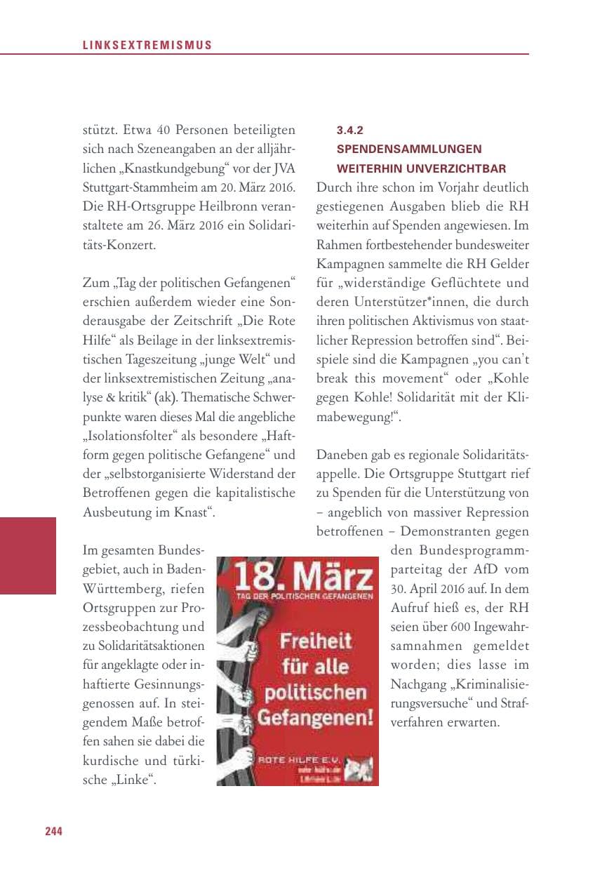 Seite 244 des Verfassungsschutzbericht 2016 Baden-Württemberg
