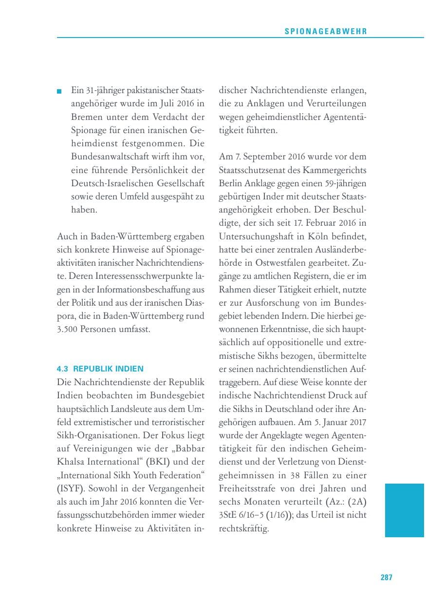 Seite 287 des Verfassungsschutzbericht 2016 Baden-Württemberg