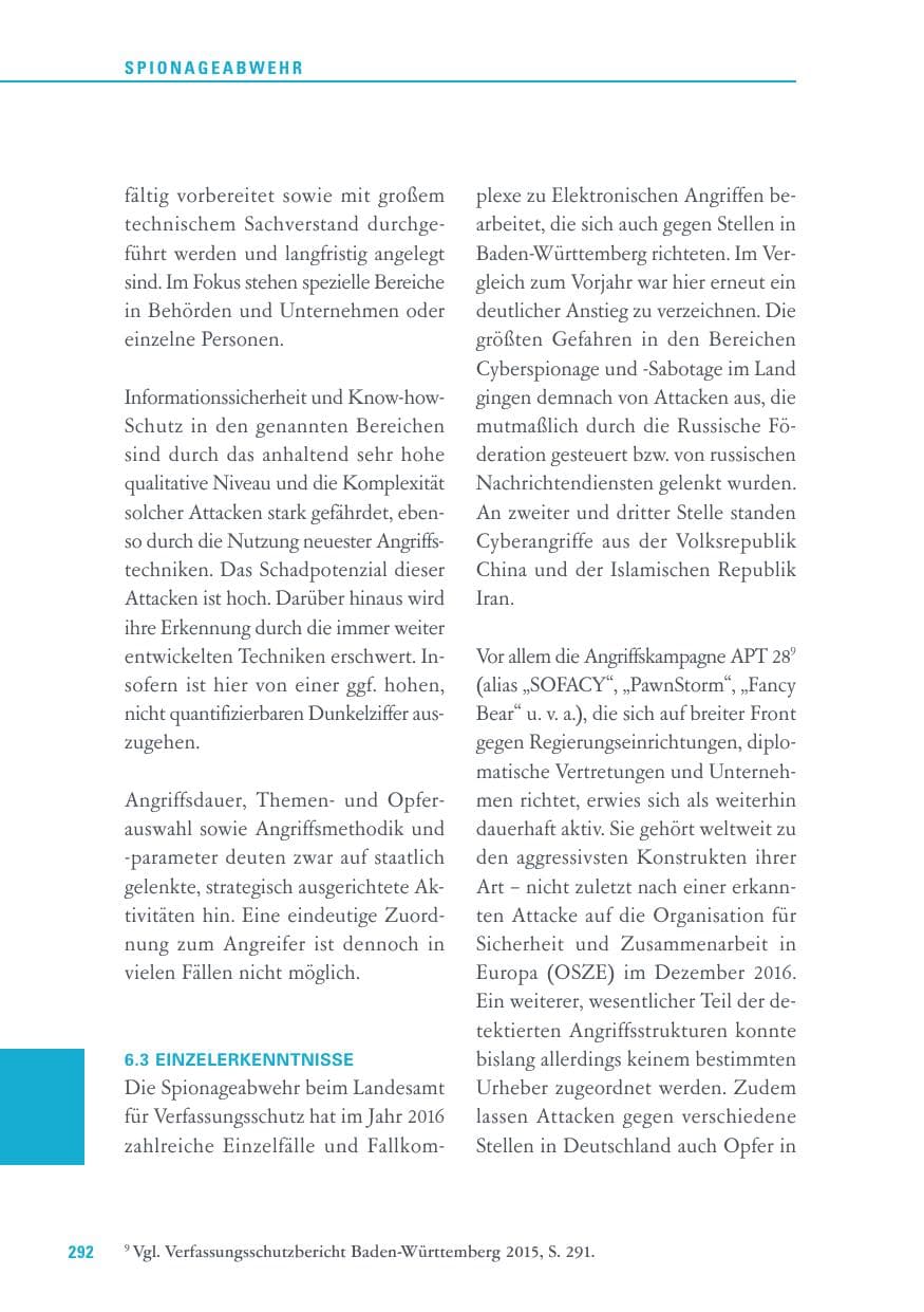 Seite 292 des Verfassungsschutzbericht 2016 Baden-Württemberg