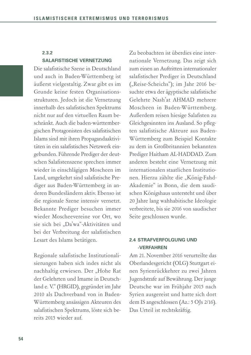 Seite 54 des Verfassungsschutzbericht 2016 Baden-Württemberg