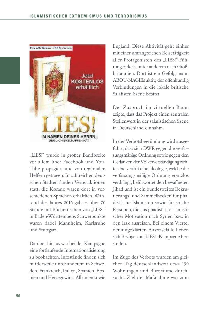 Seite 56 des Verfassungsschutzbericht 2016 Baden-Württemberg