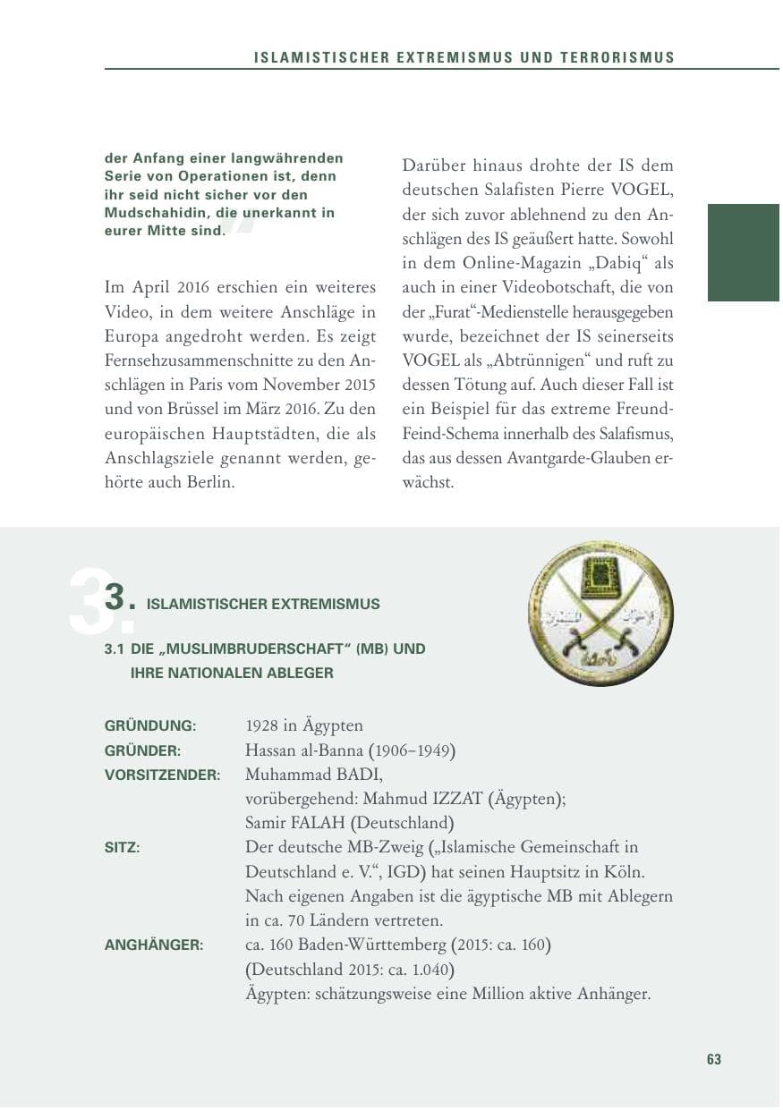 Seite 63 des Verfassungsschutzbericht 2016 Baden-Württemberg