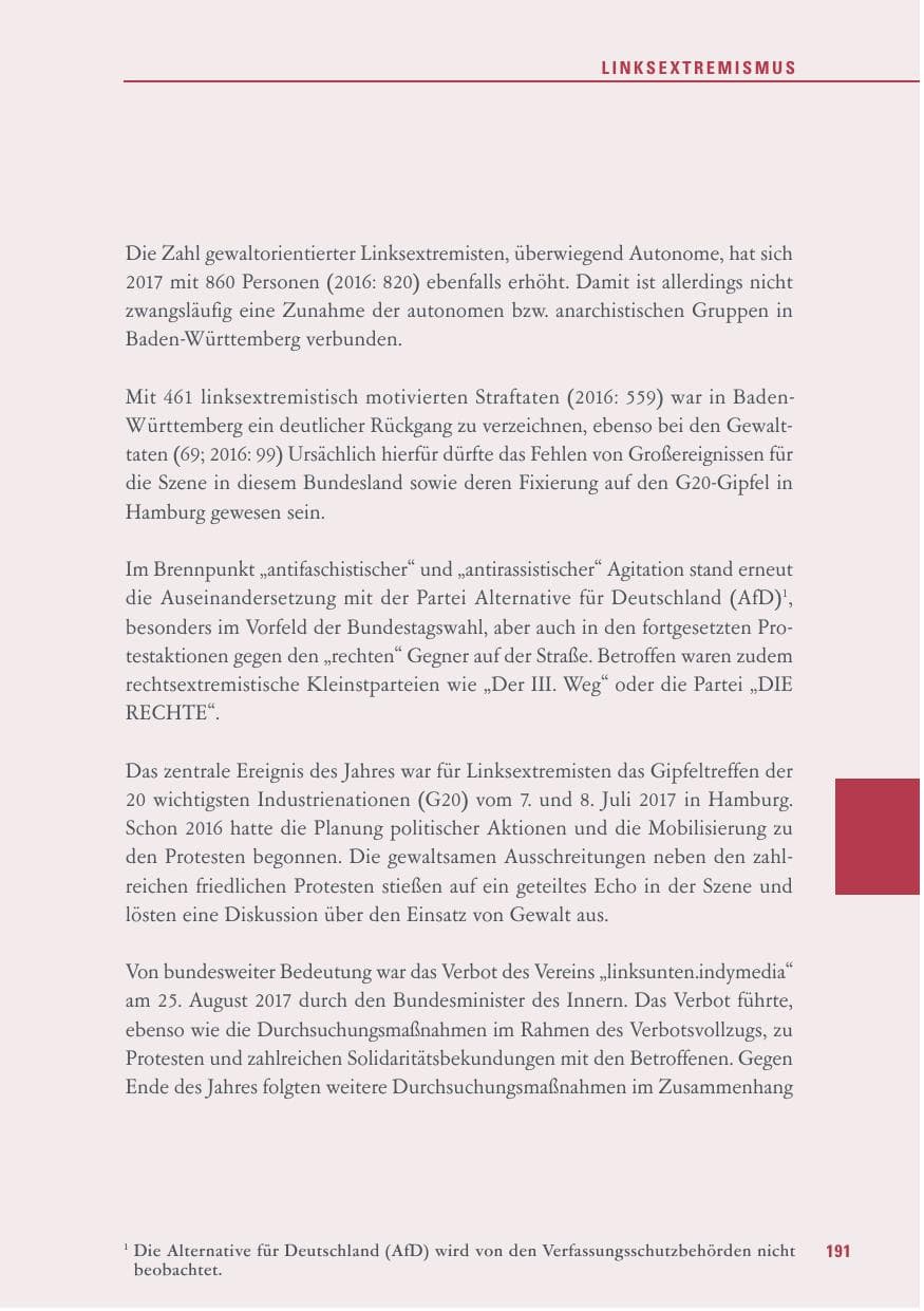 Seite 191 des Verfassungsschutzbericht 2017 Baden-Württemberg