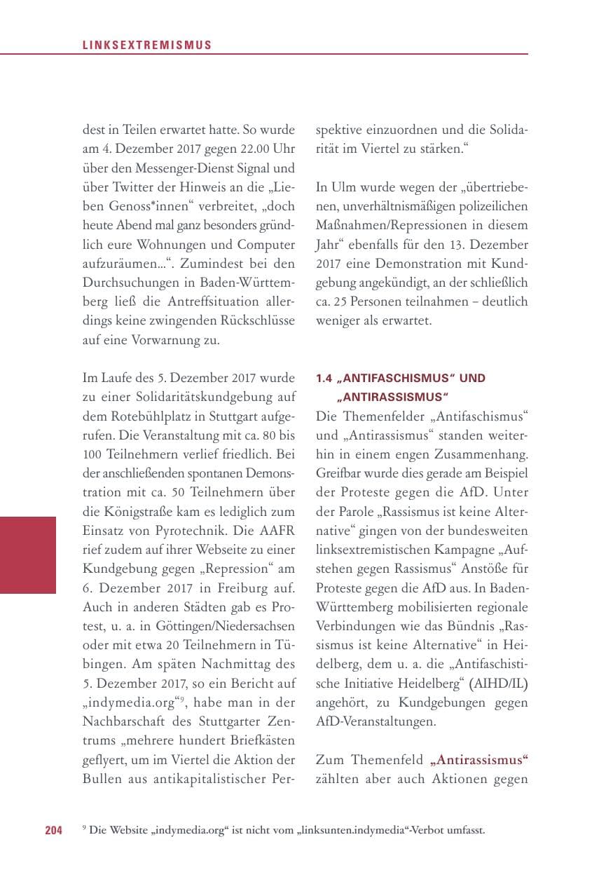 Seite 204 des Verfassungsschutzbericht 2017 Baden-Württemberg