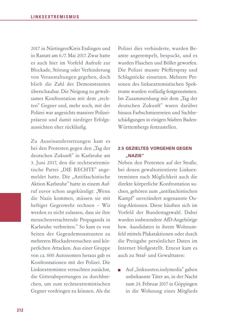 Seite 212 des Verfassungsschutzbericht 2017 Baden-Württemberg
