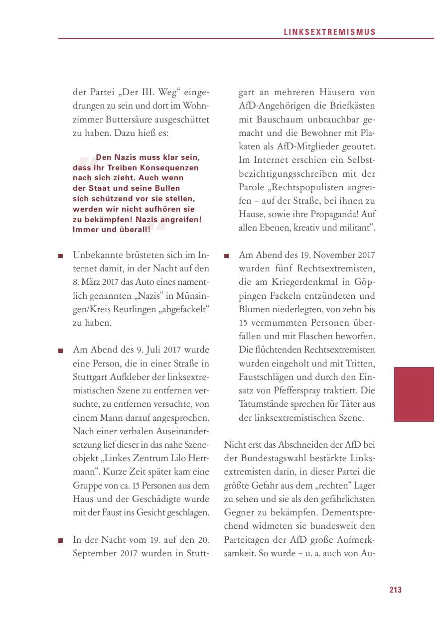 Seite 213 des Verfassungsschutzbericht 2017 Baden-Württemberg