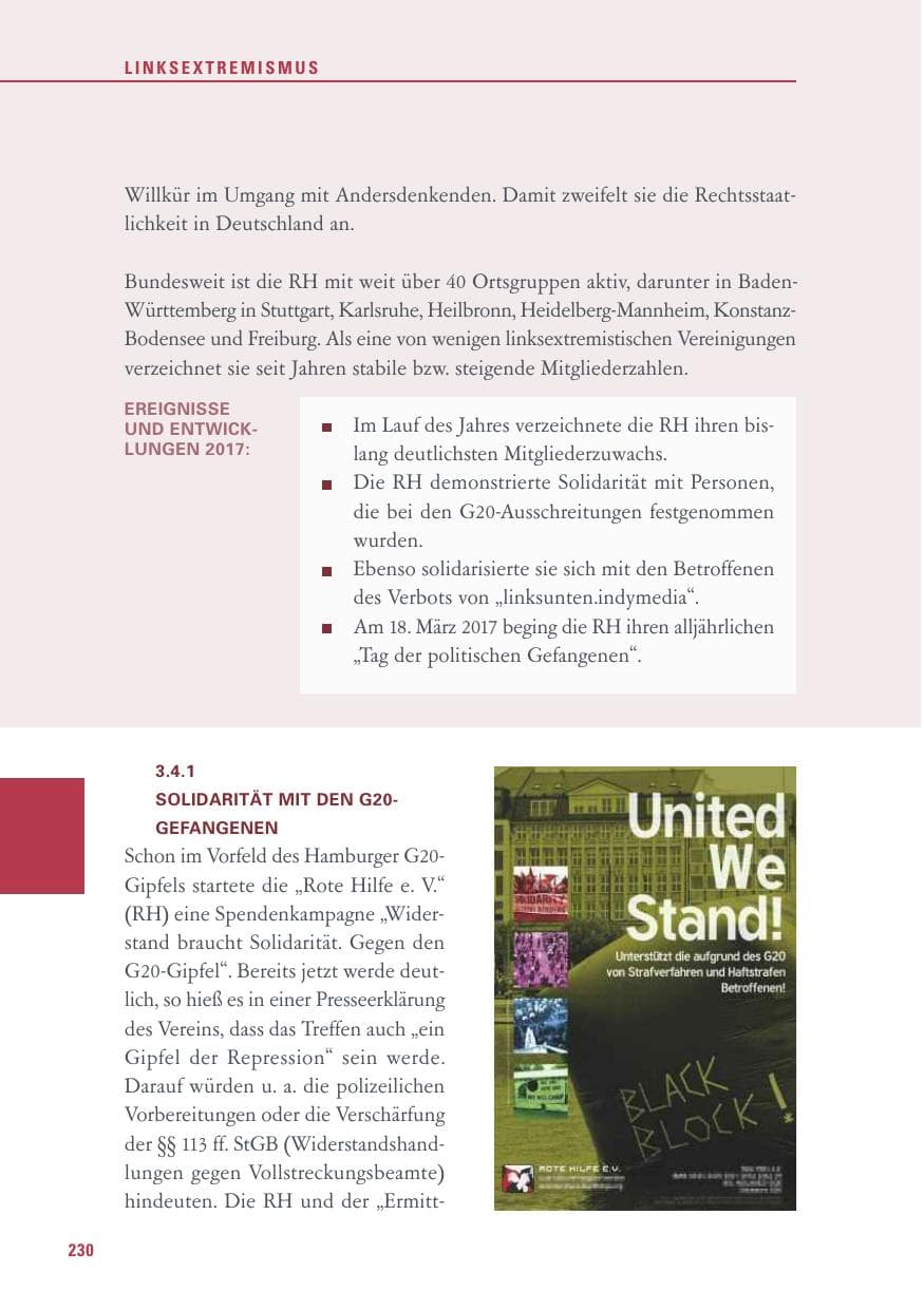 Seite 230 des Verfassungsschutzbericht 2017 Baden-Württemberg
