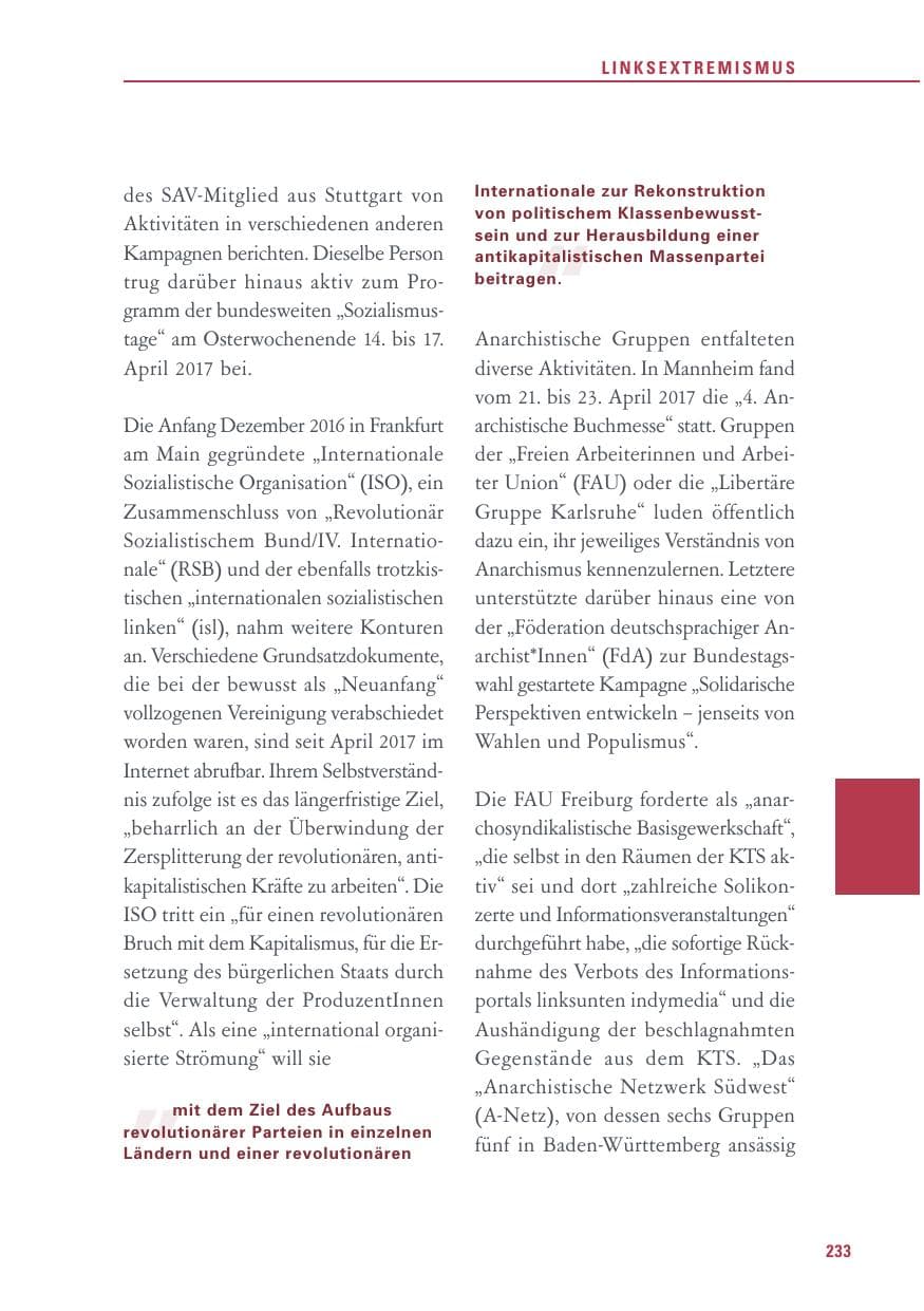 Seite 233 des Verfassungsschutzbericht 2017 Baden-Württemberg