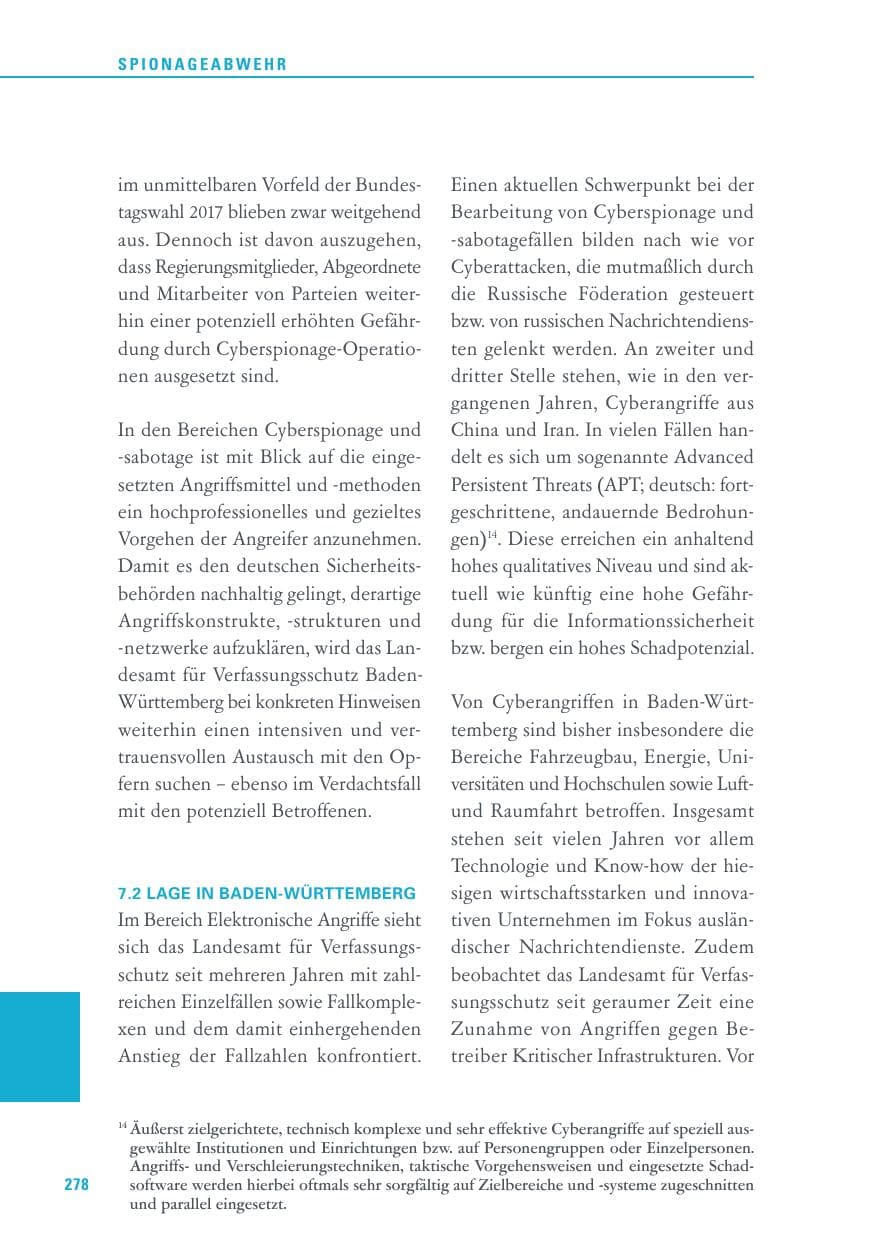Seite 278 des Verfassungsschutzbericht 2017 Baden-Württemberg
